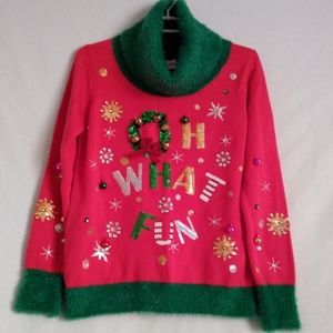 Cozy Christmas Sweater "Oh What Fun" Exaggerated Collar NWT